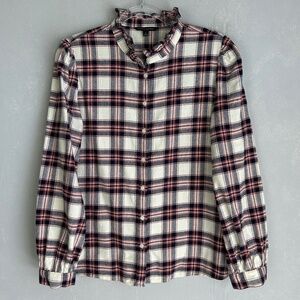 Banana Republic women size L ruffle neck long sleeve flannel red blue plaid